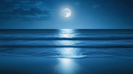 Glowing moonlight reflecting on calm ocean waves, tranquil and serene, night glowtime, peaceful and meditative