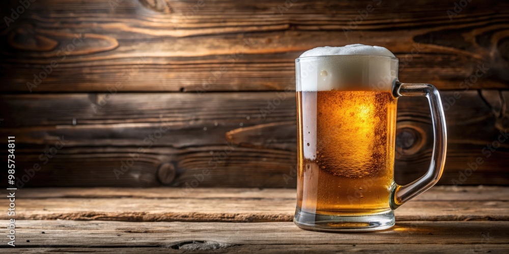 Poster close-up shot of a frothy mug of cold beer on a rustic wooden table