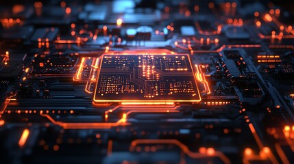 Obraz premium A glowing orange circuit board with a central processor, showcasing a futuristic digital landscape.