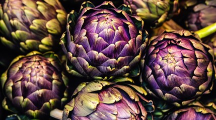Obraz premium Vibrant purple artichokes close-up at vegetable market