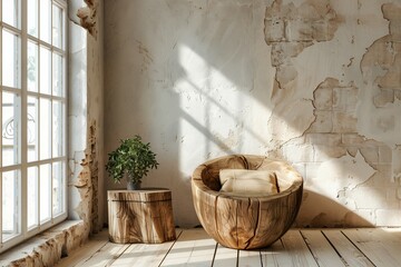 A wooden chair sitting next to a potted plant