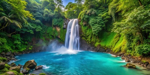 A stunning blue waterfall in Costa Rica surrounded by lush greenery