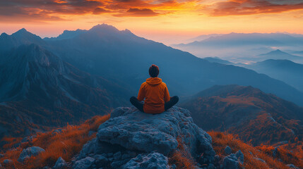 Fototapeta premium Person wearing yellow jacket meditating on top of a rock in the mountains overlooking a beautiful panorama in autumn 