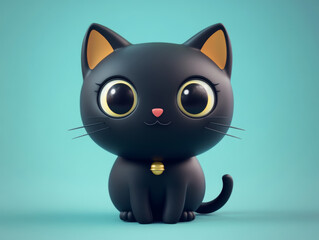 Obraz premium A cute cartoon illustration of a black cat with big round eyes and a small smile. The cat is sitting on a pink background. Perfect for children's books, greeting cards, and other cute designs
