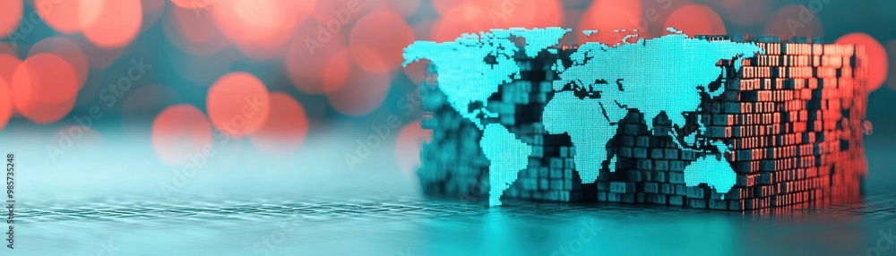 Poster a vibrant world map with digital patterns, representing global connectivity and technology in a mode