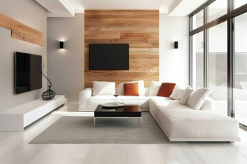 A living room with a white couch and a flat screen tv