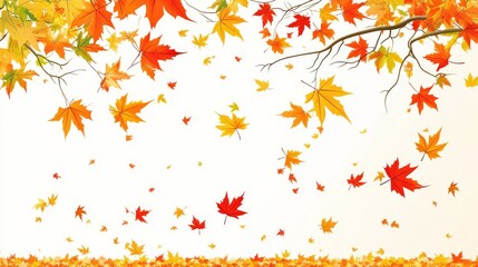 Colorful maple leaves falling from a tree, with nothing around them.