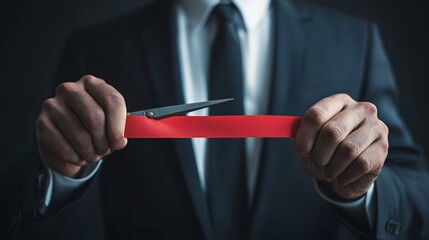 A businessman cutting through red tape with scissors, trying to free up blocked trade, bureaucratic obstacle, international trade solution