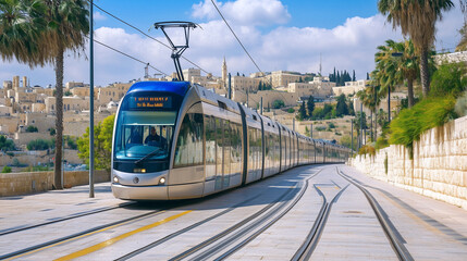 Obraz premium A modern blue line tram moves through the streets of Jerusalem, surrounded by historic buildings and palm trees under a bright sky