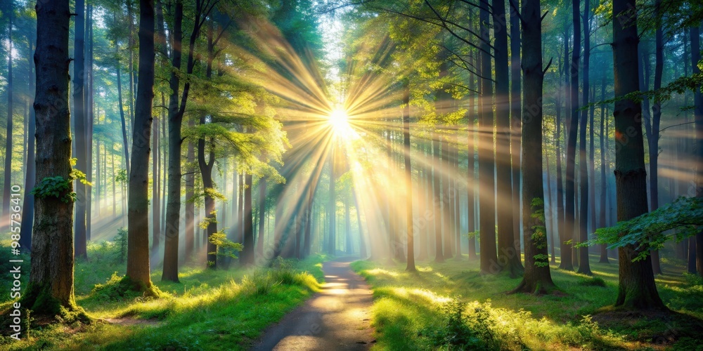 Poster enchanting beam of light shining through the trees in a magical forest