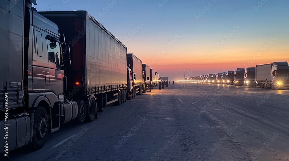 Poster trucks stuck at a border checkpoint due to new trade restrictions, border delay, cross-border trade 