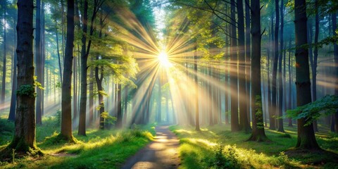 Enchanting beam of light shining through the trees in a magical forest