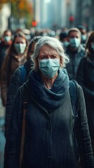 A woman wearing a face mask stands in a crowd of people.
