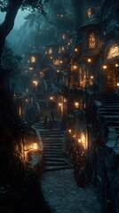 A mysterious, cobblestone path winds through a fantastical village, lit by warm lanterns and shrouded in a mystical mist.