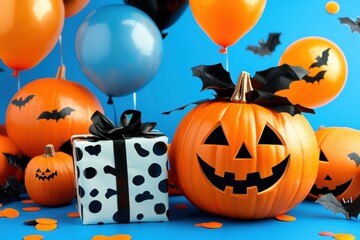 Vibrant Halloween celebration with pumpkin, balloons, gift