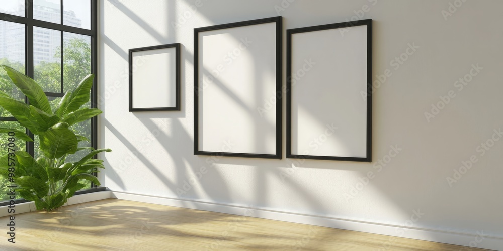 Poster three empty frames hang on a white wall in a minimalist room with hardwood floors. sunlight streams 