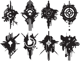 Set cyberpunk symbols, ornaments, elements. Hand drawn vector illustration	
