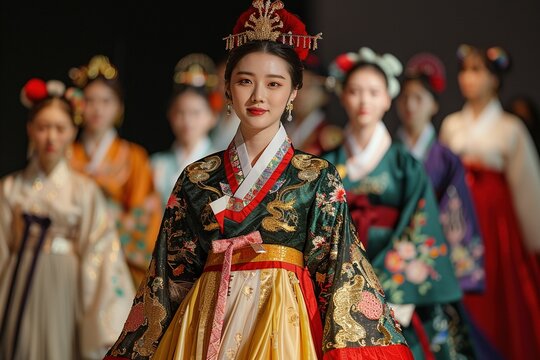 Korean models showcasing detailed embroidery in hanbok on runway