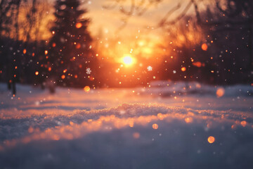 Naklejka premium Golden winter sunset with delicate snowflakes