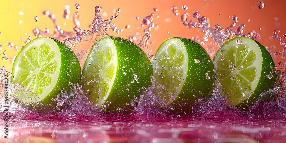 Poster close-up of limes splashing into a clear liquid, creating a refreshing and vibrant image.