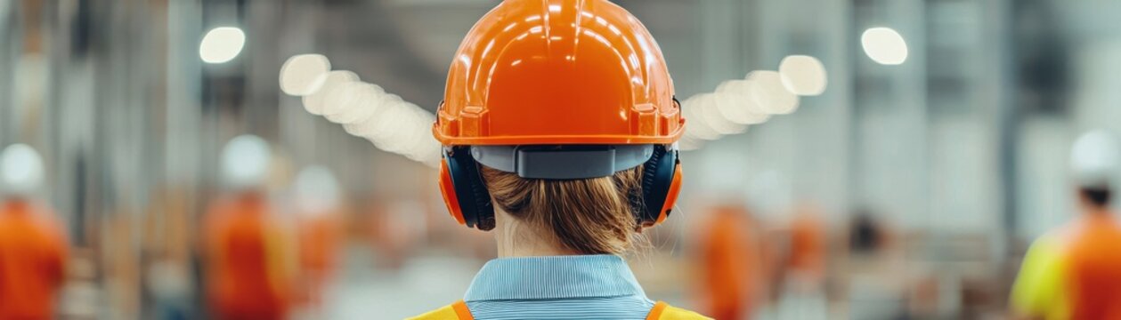 A worker wearing an orange hard hat and earmuffs, standing in a busy industrial environment with other workers in blur.