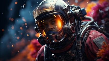 Astronaut in space suit with galaxy and nebula reflection in helmet glass.