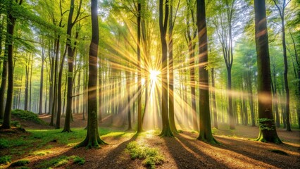 Fototapeta premium Sun rays shining through the beech forest