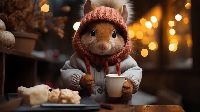 Cheerful Squirrel in Knitted Hat Drinking Cocoa - Winter Forest with Snow and Colorful Lights, New Year Holiday Postcard