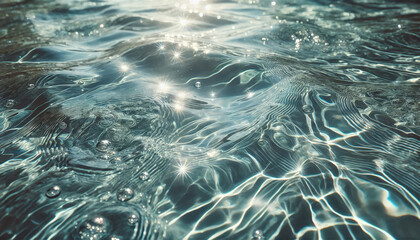 A serene close-up of rippling water reflecting sunlight, creating a crystal-clear surface with gentle waves. The calm, shimmering pattern evokes tranquility and natural beauty.