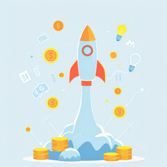 Startup Rocket Launch with Financial Growth Icons