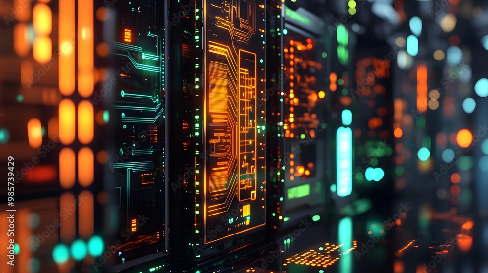 Poster futuristic server racks with illuminated circuitry and data flow