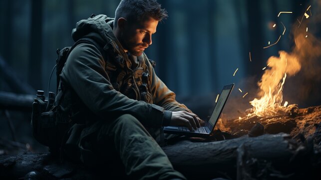 Astronaut setting on the moon with a laptop.