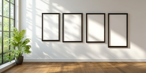 Four blank vertical frames hang on a white wall in a modern interior space. The frames are set against a backdrop of a large window with sunlight streaming in. 