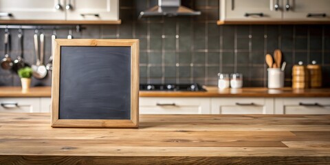 Empty wooden tabletop with black slate chalkboard background in a kitchen setting for product display or montage