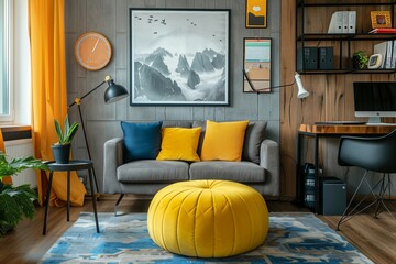 A living room filled with furniture and a painting on the wall