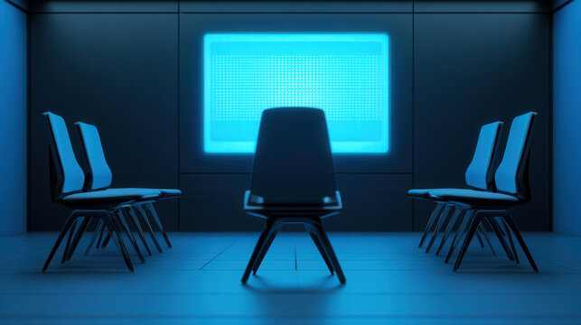 Futuristic Virtual Meeting Space, an empty room with sleek chairs, ample copy space for text, enhanced by vibrant holograms projecting innovative ideas and collaboration.