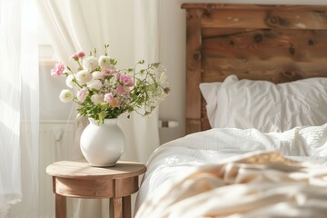 A white vase with pink and white flowers on a small table