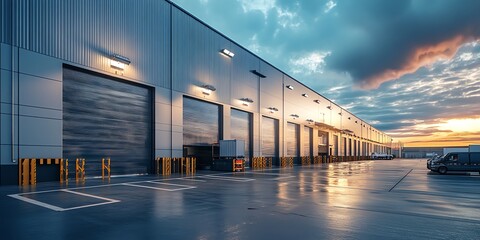 A large industrial building with multiple loading docks, a van parked in the foreground, and a colorful sunset sky.