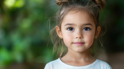 Thoughtful Girl in Nature, a young girl surrounded by greenery, her gaze reflecting deep contemplation, the soft background enhancing her serene expression.