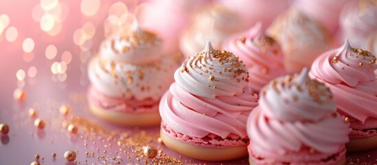 Delightful pink cupcakes with swirls of fluffy buttercream frosting and shimmering golden sprinkles against a sparkling pastel background perfect for special as a luxurious gourmet treat