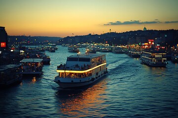 Fototapeta premium A large white passenger ferry sails through the water at sunset, with other smaller boats and the city skyline in the background.