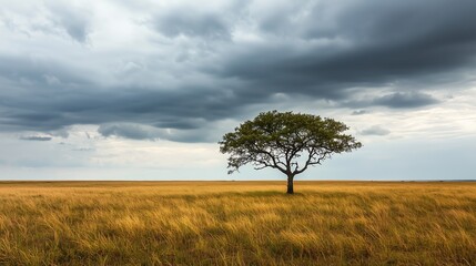 Obraz premium A stunning image of a solitary tree standing tall in a vast savannah, framed against a dramatic sky filled with swirling clouds.