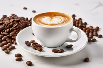 coffee bean and coffee cup in the white background. top view