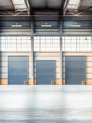 Empty industrial space with large roll-up doors and concrete floor in a spacious warehouse