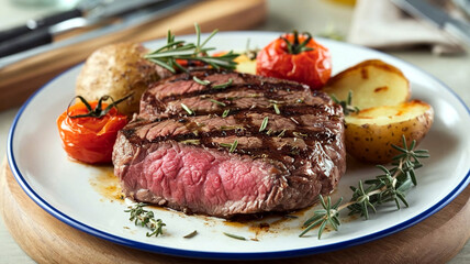 A mouthwatering plate of medium-rare grilled sirloin steak with herbs, baked cherry tomatoes, and potatoes, served in a soft restaurant setting. Perfect for culinary and gourmet presentations. 