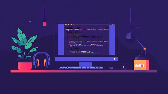 A computer setup with code on the screen, representing learning python for data engineering. main objects: monitor, keyboard, plant, headphones.
