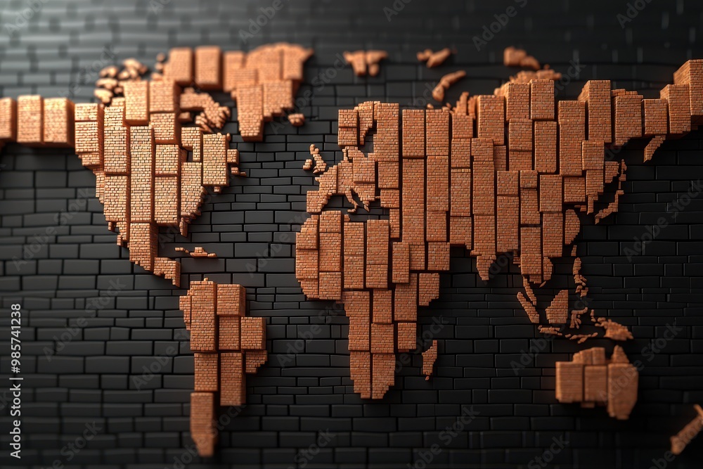 Poster world map created with wooden blocks.