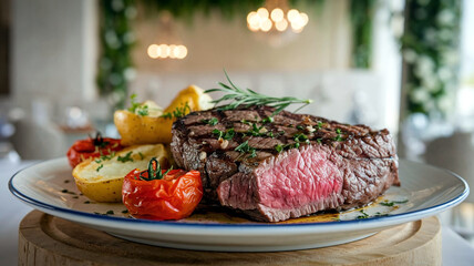 A mouthwatering plate of medium-rare grilled sirloin steak with herbs, baked cherry tomatoes, and potatoes, served in a soft restaurant setting. Perfect for culinary and gourmet presentations. 