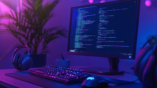 A computer setup with code on the screen, representing learning python for data engineering. main objects: monitor, keyboard, plant, headphones.