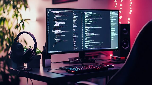 A computer setup with code on the screen, representing learning python for data engineering. main objects: monitor, keyboard, plant, headphones.